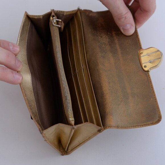 Prada Gold Saffiano Leather Pushlock Flap Wallet - Picture 11 of 14